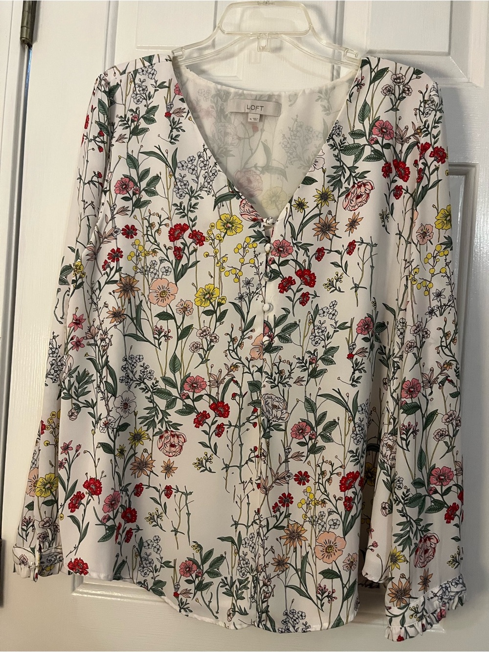 LOFT White Floral V-Neck Buttoned Blouse with Multicolor Bloom Print